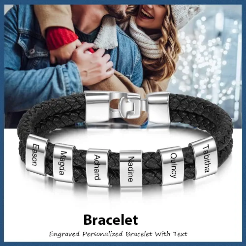 Vista 7 de Pulsera trenzada negra personalizada para hombre, pulsera personalizada con 1-8 cuentas personalizadas, nombres de la familia, joyería para hombres