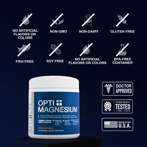 Vista 4 de Opti + Triple Magnesio Complejo Suplemento Apoyo de relajación del sueño cerebral* Mezcla de L-treonato, glicinato y acetil taurato de magnesio