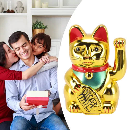 Vista 3 de Lucky Fortune Cat, gato de la suerte japonés con brazo agitado, figura de gato de buena suerte de Feng Shui, funciona con pilas, adorno
