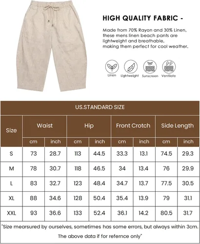 Vista 6 de COOFANDY Pantalones capri de lino para hombre, pantalones casuales con cordón, pantalones holgados de harén, pantalones capri de playa de pierna