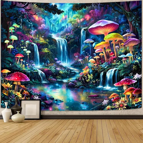 Vista 14 de Zussun Tapiz de hongo rojo, tapices de luna y estrella para dormitorio, estética de color beige, noche estrellada, planta verde, tapiz de pared