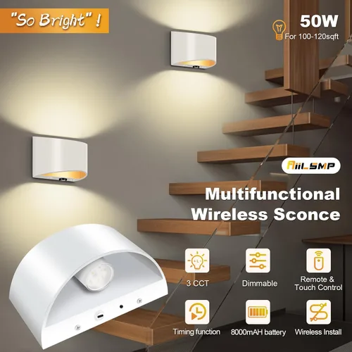Vista 2 de Juego de 2 apliques de pared que funcionan con batería, luces de pared inalámbricas recargables blancas con control remoto inalámbrico y control