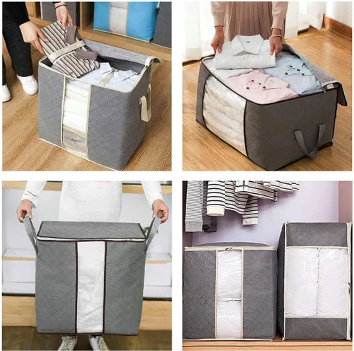 Vista 3 de Szxc Paquete de 2 bolsas de almacenamiento plegables grandes, horizontales + erectas para edredón, manta, ropa, almohada, ventana transparente