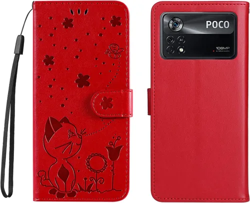 Vista 12 de Funda para Xiaomi Poco X4 Pro 5G, diseño de estampado de gatos y abejas, funda de cuero de primera calidad, cierre magnético