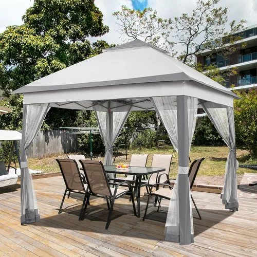 Vista 2 de Yaheetech - Tienda de campaña al aire libre de 11 x 11 pies, refugio instantáneo para patio con toldo para el sol, toldo con 4 sacos de arena, techo