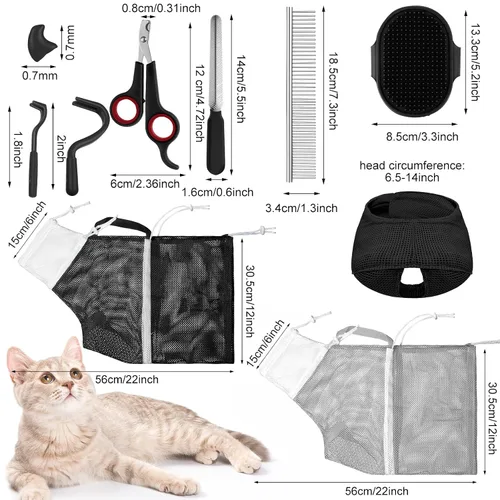 Vista 2 de Bolsa de baño para gatos, 10 piezas, kit de aseo para ducha de gato, gris y negro