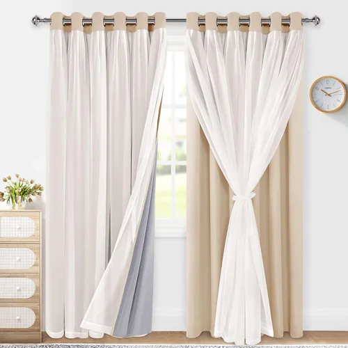 Vista 33 de XWZO Cortinas 100% opacas de doble capa para guardería, cortinas opacas con superposición transparente para dormitorio de niñas, cortinas