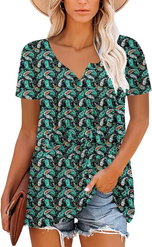 Vista 2 de Roselinlin Camisas de manga corta, para mujer, blusas florales de verano, ajuste holgado, para leggings
