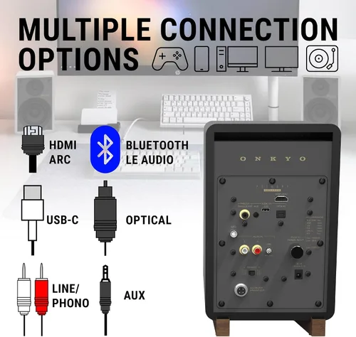 Vista 9 de Onkyo Creator Series GX-30ARC Altavoces Amplificados, Negro - Woofer de 4", USB/C, Línea/Phono, Puertos Ópticos y Conectividad de Audio Bluetooth 5.3