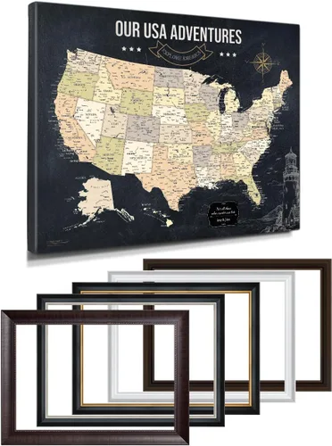 Vista 45 de IPIC - Lienzo con mapas de EE. UU. para decoración de pared, mapa con pin de empuje para marcar viajes, mapa de viaje impreso de EE. UU.