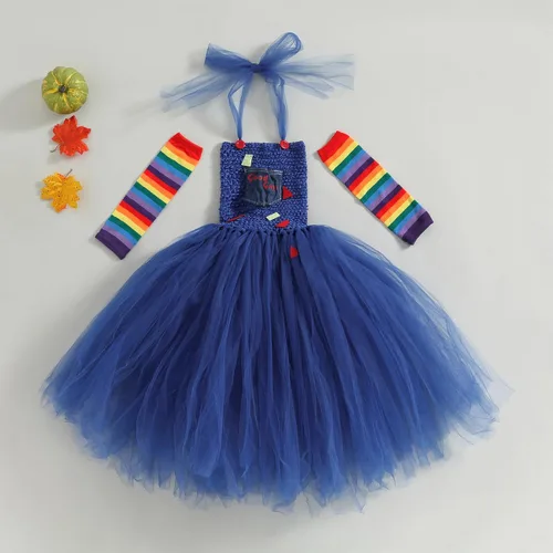 Vista 6 de Tempura Conjunto de disfraz de payaso de Halloween para niñas y niñas, vestido de tul, cuchillo, calcetines, guantes, horquilla, juegos para fiestas