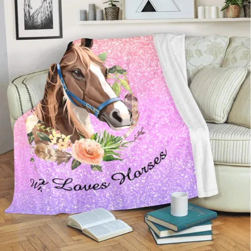 Vista 3 de Manta personalizada con texto en inglés «Just a Girl Loves Hors», manta de forro polar suave con nombre para regalos, sofá cama (50 x 60 pulgadas)