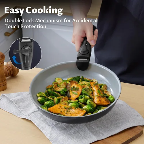 Vista 4 de BEZIA Utensilios de cocina de inducción con revestimiento de cerámica saludable, juego de ollas y sartenes antiadherentes, 10 piezas con asas