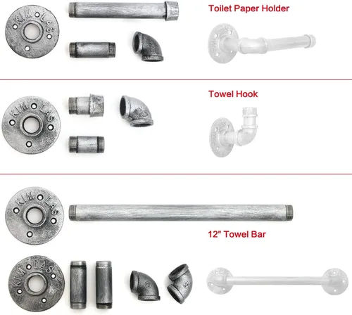Vista 7 de HouseAid Juego de 3 toallas de tubo industrial, kit de toallero de acero rústico, estilo vintage, accesorios para baño, montaje en pared, plata