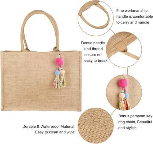 Vista 4 de FITDON Jute Canvas Tote Bag Women, Large Jute Bag Beach Bag Foldable Waterproof Shopping Bags Handbag for Picnic Travel Beach
