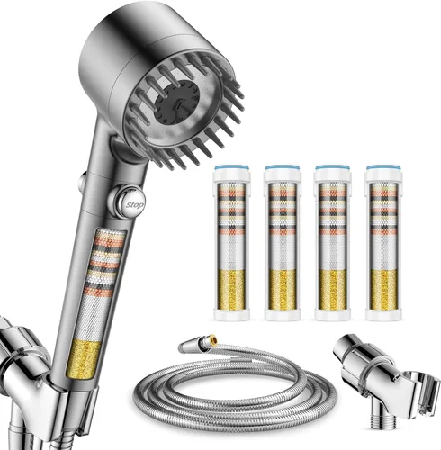 Vista 11 de Filtered Shower Head with Handheld with 4PCS Filters, High Pressure 4 Spray Modes Shower heads with Filter, IronDrops Water Softener Filter for Hard