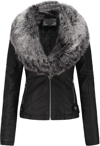 Vista 2 de Bellivera - Chaqueta de cuero sintético para mujer, moda de otoño e invierno, abrigo de motociclista con cuello de piel