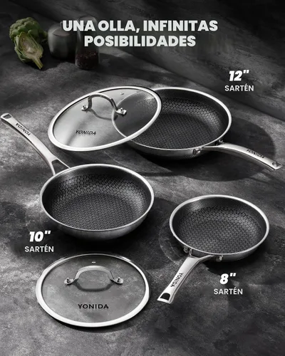 Vista 5 de Sartenes antiadherentes, sartenes híbridas para hornear de 12 pulgadas con tapa Sartén de acero inoxidable, sartén para huevos de cocina