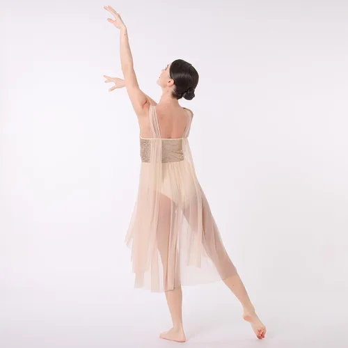 Vista 3 de ODASDO Vestido de baile lírico moderno y contemporáneo para mujer, disfraz de lentejuelas de tul de malla, falda alta y baja, ropa de ballet