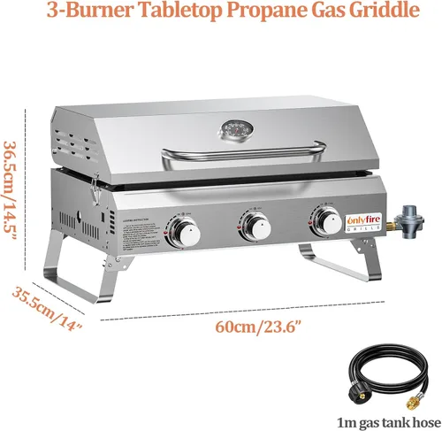 Vista 4 de ONLYFIRE GRILLS - Parrilla de mesa de gas con patas plegables, parrilla de gas propano portátil de 3 quemadores con tapa plana para cocinar al aire