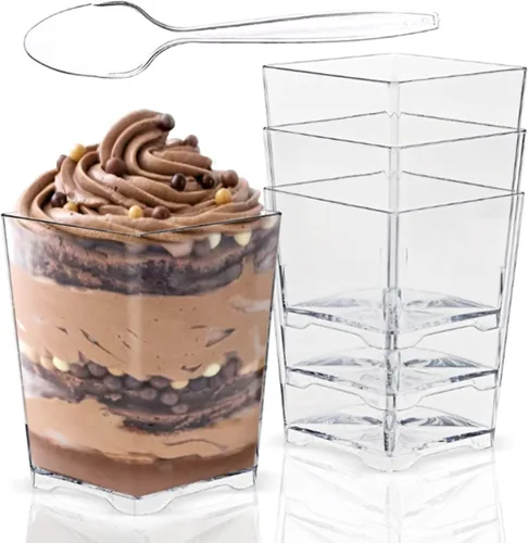 Vista 8 de Jnnzzggu 50 piezas de tazas de postre cuadradas de plástico mini, tazas de aperitivo de parfait de 3.5 oz de plástico transparente para postres