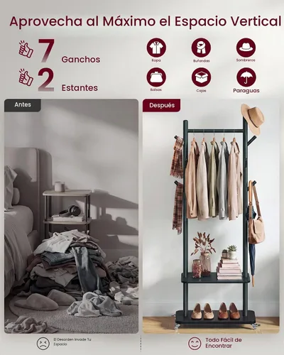 Vista 3 de VASAGLE Perchero independiente con 7 ganchos, 2 estantes, 4 ruedas giratorias extraíbles de 360°, ganchos de madera y poste, para entrada