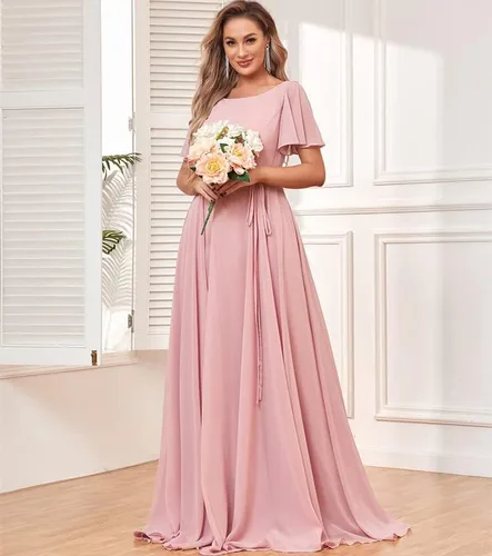 Vista 2 de Vestidos de dama de honor de manga corta para mujer, vestido formal de fiesta de noche