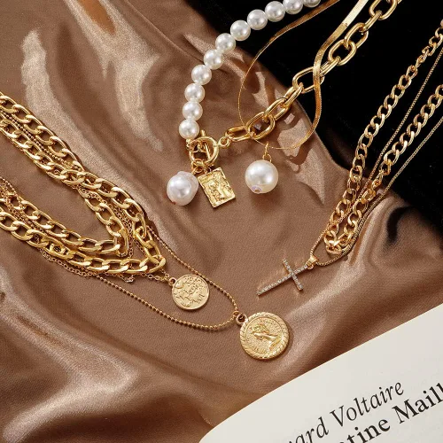 Vista 6 de KISS WIFE Christmas Golden Jewelry Set for Women with Multi Layered Necklaces, Stackable Bracelets, Knuckle Rings, Hoop Earrings, Fashion Outfit