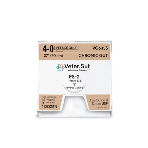 Vista 5 de Sutura quirúrgica absorbente intestinal VeterSut CHROMIC USP tamaño 4-0, (FS-2) 3/8 0.748 in aguja de corte inverso, 28 pulgadas (27.6 in), 12