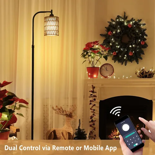 Vista 4 de LAMSU Lámpara de pie con control remoto, lámpara de pie de ratán regulable con bombilla LED, lámpara de poste alto industrial negra con pantallas