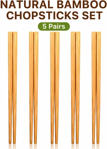 Vista 8 de Juego de palillos de madera de bambú chino natural de 9.5 pulgadas, reutilizables, estilo clásico, palillos de madera (5 pares)