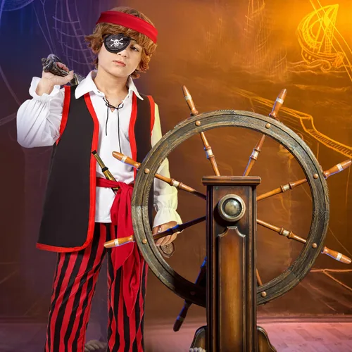 Vista 5 de Joy Bang Disfraz de pirata para niños, disfraces de bucanero de Halloween para niños y niñas de 3 a 12 años, juego de rol de simulación de cosplay