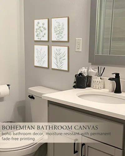 Vista 2 de KUVIOKE Arte botánico enmarcado bohemio para pared de plantas de baño, decoración de pared, impresiones de hojas de eucalipto verde salvia, estética