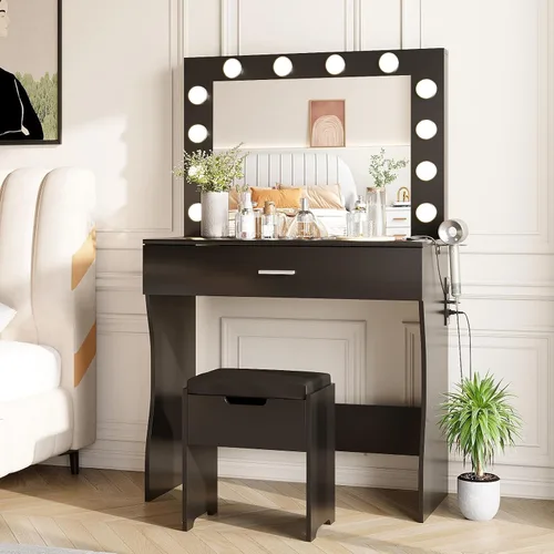 Vista 10 de Vabches Tocador de maquillaje con luces, Mesa tocador de maquillaje, Brillo ajustable, Cajón grande tocador resistente para dormitorio estudio