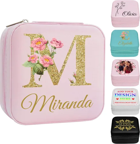 Vista 30 de Joyero personalizado con nombre, joyero de viaje portátil personalizado, organizador de joyas de cuero, cajas de dama de honor, boda, regalo