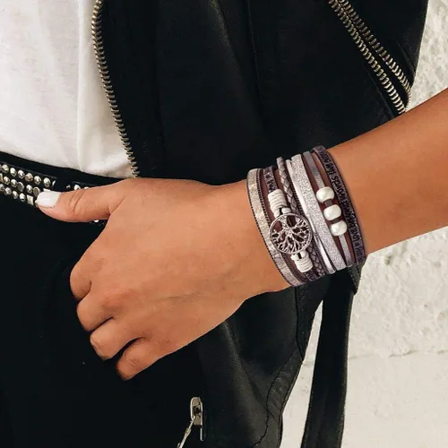 Vista 2 de SuYi - Pulsera de cuero trenzado de múltiples capas, con hebilla magnética
