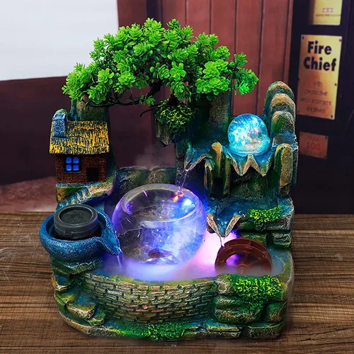 Vista 8 de Fuente de agua de mesa, mini fuente de cascada silenciosa con luces LED coloridas y atomizador, silenciosa rocalla de escritorio para relajación