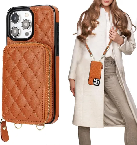 Vista 16 de Bocasal Funda tipo cartera cruzada para iPhone 15 Pro Max, con bloqueo RFID, de piel sintética, con cremallera, funda tipo cartera con función atril