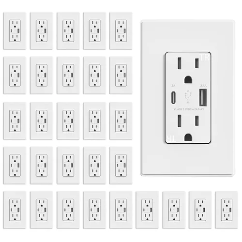 Vista 17 de ELEGRP Cargador USB de pared, receptáculo USB con puertos USB tipo A y tipo C, enchufe dúplex de 15 amperios resistente a manipulaciones NEMA 5-15R