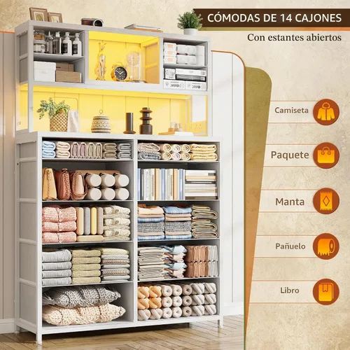 Vista 4 de EnHomee - Cómoda de 160 cm de alto para dormitorio con 14 cajones de tela, cómoda blanca con estación de carga y luces LED, cómodas y arcones