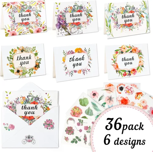 Vista 2 de Feela - Tarjetas de agradecimiento con sobres, paquete de 36 notas florales de agradecimiento con 36 sobres, 6 hojas de calcomanías de Feela