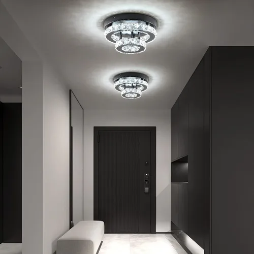 Vista 7 de Lámpara de araña de cristal moderna de 9.8 pulgadas con montaje empotrado al techo, mini lámpara de araña negra con iluminación LED para dormitorio