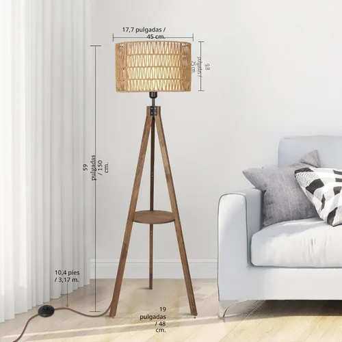 Vista 4 de LAMSU Lámparas de pie estilo bohemio con trípode para sala de estar, lámpara de pie de madera de ratán con pantallas de tela, lámpara de pie