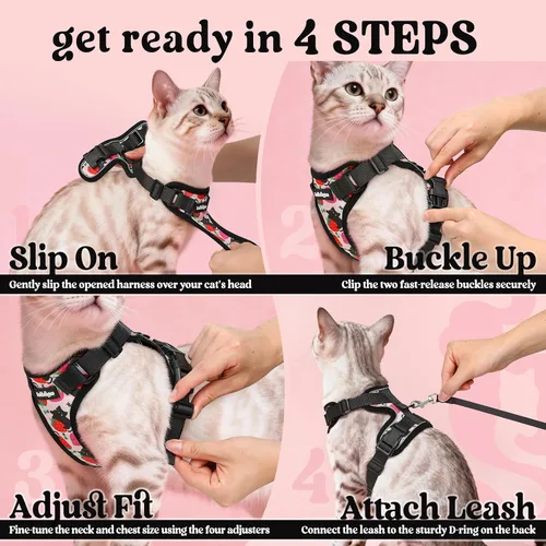 Vista 8 de rabbitgoo Cat Harness and Leash Set, Escape Proof Vest, XXS, Berry Pounce Soft Breathable Mesh, No-choke Adjustable Fit, Snap Buckles, Sturdy