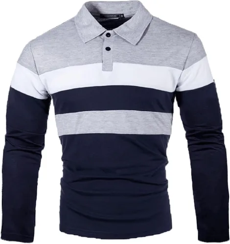 Vista 2 de Polo de manga larga para hombre, casual, con botones, a rayas, ajuste regular, ligero, de algodón
