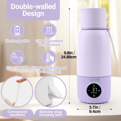 Vista 5 de Portable Bottle Warmer for Travel - 17oz 12H Baby Bottle Milk Warmer, Fast Heat Travel Bottle Warmer for Breastmilk, USB Calentador De Biberones on