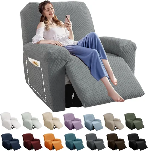 Vista 20 de YEMYHOM Funda elástica de 4 piezas para silla reclinable de jacquard con bolsillo lateral, antideslizante, ajustable, protector de muebles con parte