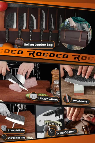Vista 6 de ROCOCO Juego de 13 Cuchillos de Carnicero para Corte de Carne Cuchillo de Chef Serbio Cuchillo de Deshuesado Vikingo con Bolsa Enrollable