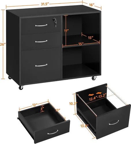 Vista 3 de Topeakmart Archivador negro con cerradura para letra A4, tamaño A4, archivador lateral de 3 cajones, soporte de impresora con compartimentos