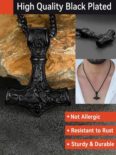 Vista 4 de FaithHeart - Collar con talismán de martillo de Thor vikingo para hombre, amuleto nórdico vintage de Mjolnir, colgante con cadena de trigo